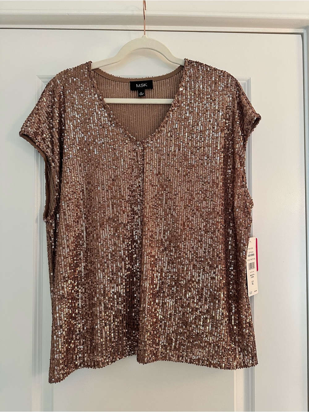 MSK Rose Gold Sequin V-Neck Short Sleeve Top NWT! Size XL